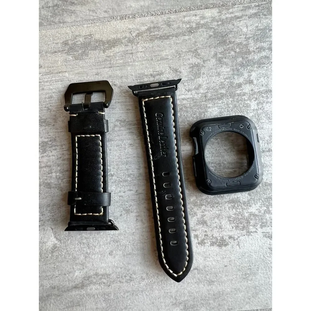 42mm Black Leather Apple iWatch Watch Smartwatch Strap Replacement Band & Case